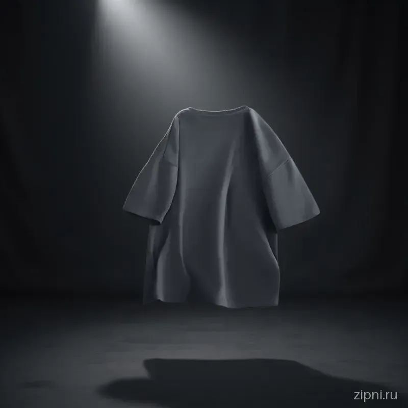 Футболка оверсайз лежит на диване в современной гостиной, видны детали текстуры ткани.