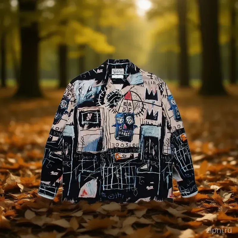 Art Jacket 260305 лежит на опавшей листве на лесной подстилке, солнечный свет пробивается сквозь листву.