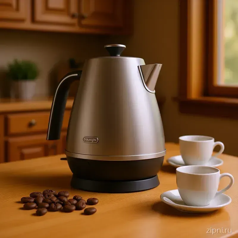 Электрический чайник на кухонной столешнице из дерева, рядом керамические кружки и кофейные зерна.