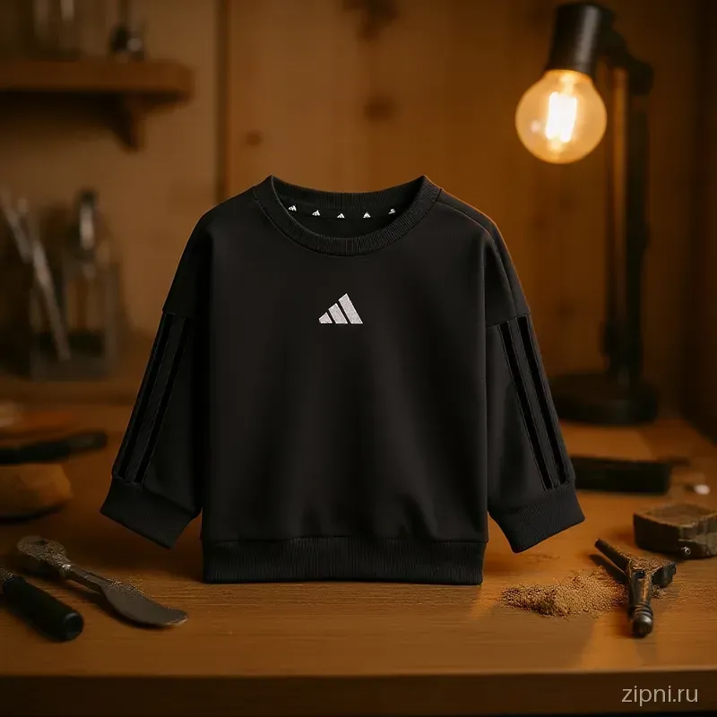 Свитшот Adidas лежит на деревянном верстаке среди инструментов и опилок, освещенный теплым светом.