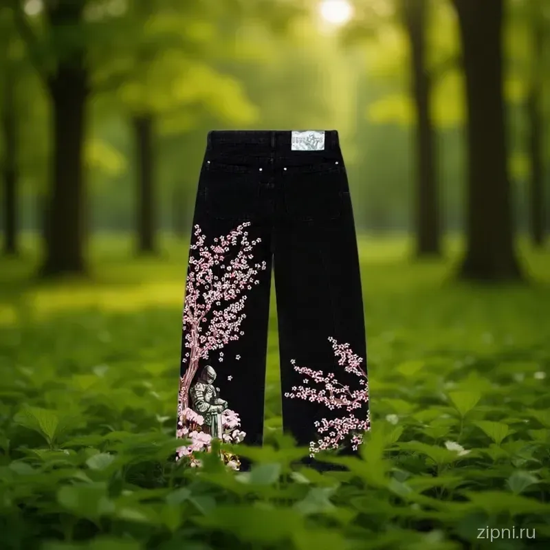 Джинсы с вышивкой на модели на фоне размытого леса с солнечными бликами.