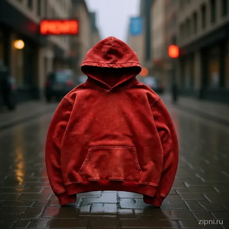 Худи 260305 на модели в городской аллее, мокрый тротуар, размытый фон.