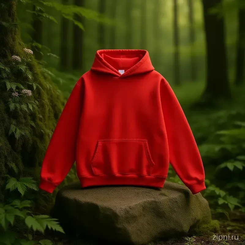 Худи 260305 на фоне скалы, поросшей мхом и папоротниками, в лесу.