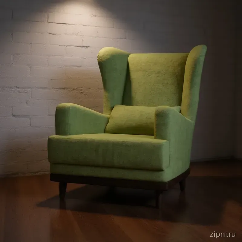 Кресло wingback в интерьере: бетонная стена, деревянный пол, направленный свет.