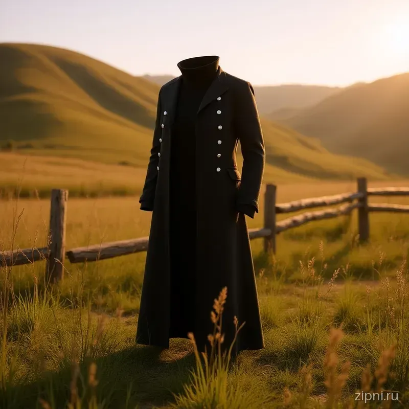 Пальто long coat 260305 на фоне холма с травой, освещенное закатным солнцем.