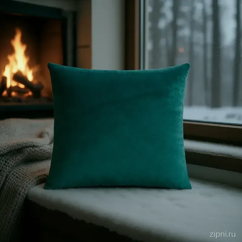 Декоративная подушка velvet pillow 260305 на подоконнике, покрытом снегом, с теплым светом изнутри.