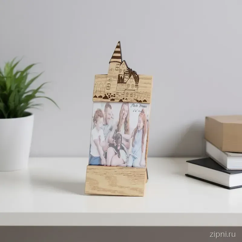 Деревянная рамка для фотографий стоит на полке среди книг и растения.