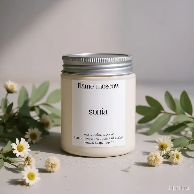 Свеча Sonia Candle на сером бетонном основании, украшенная белыми цветами и эвкалиптом.