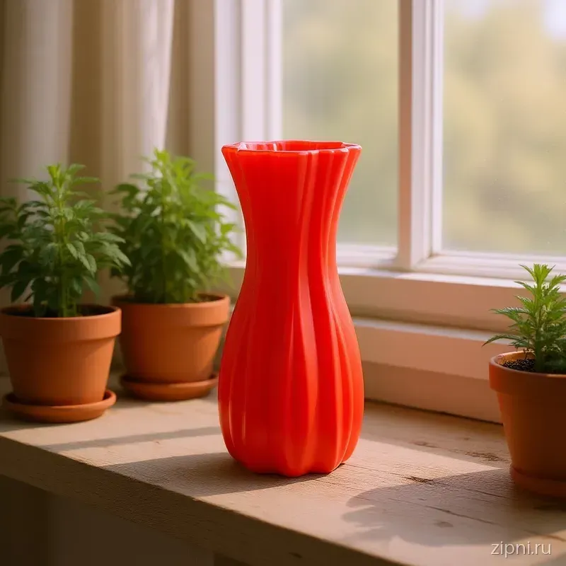 Ваза 260305 стоит на подоконнике, рядом горшки с травами, мягкий солнечный свет.